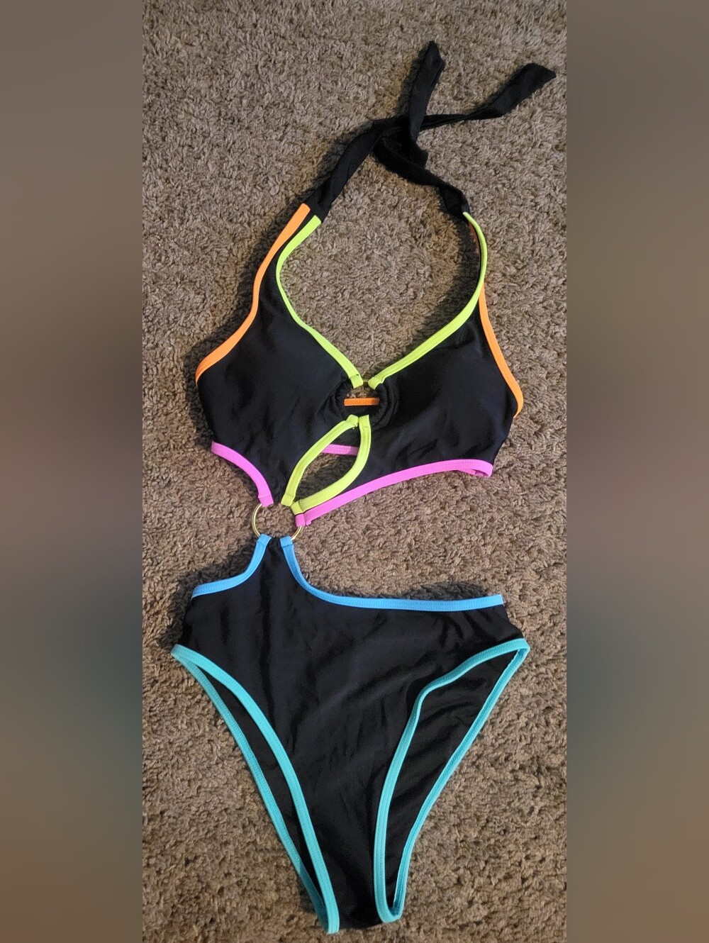 Women's Black One-Piece Swimsuit with Neon Trim